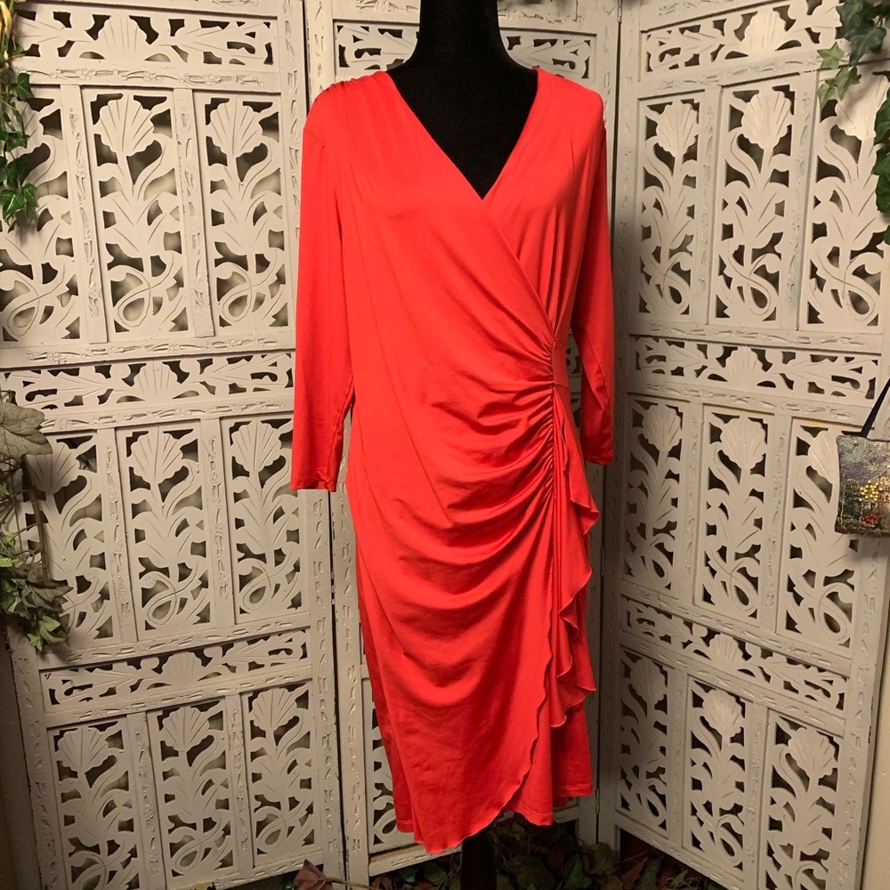 K JORDEN BRILLIANT RED ROUCHED & RUFFLED LONG SLEEVE STRETCHY MIDI DRESS